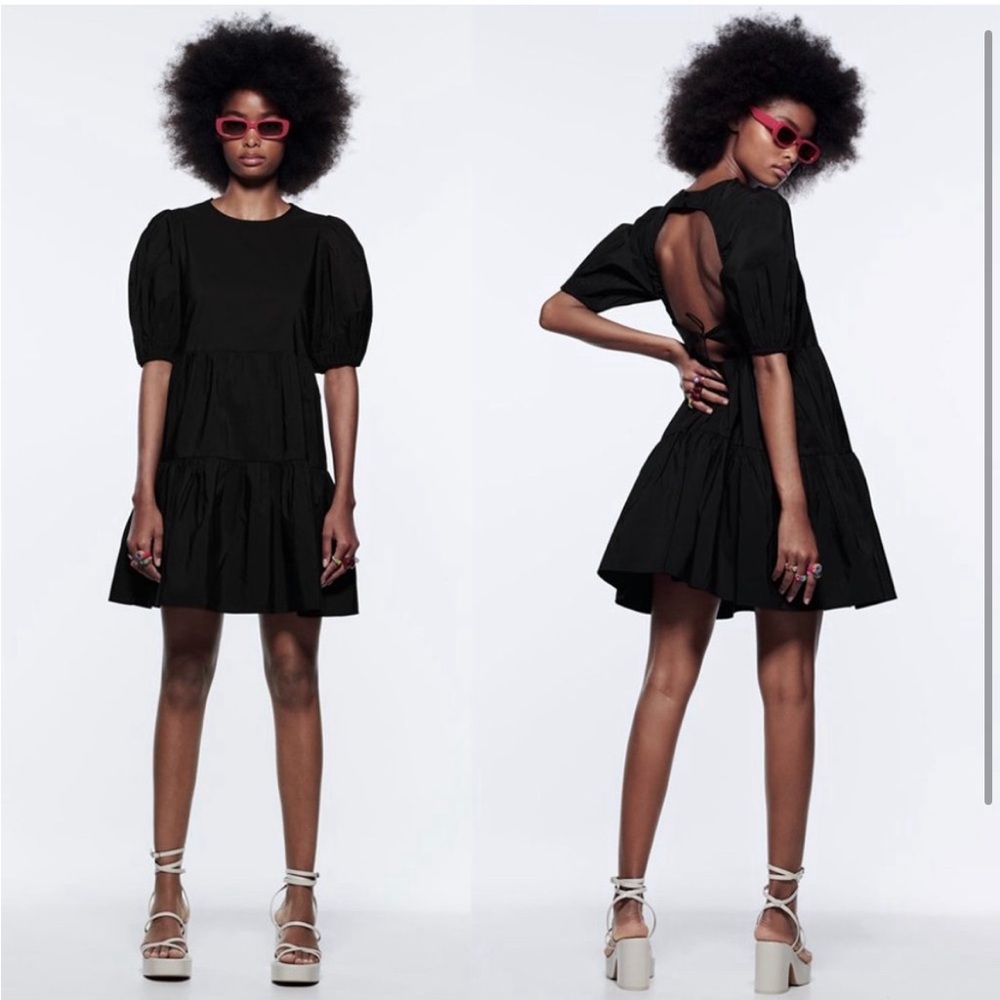 ZARA tiered poplin back open black dress